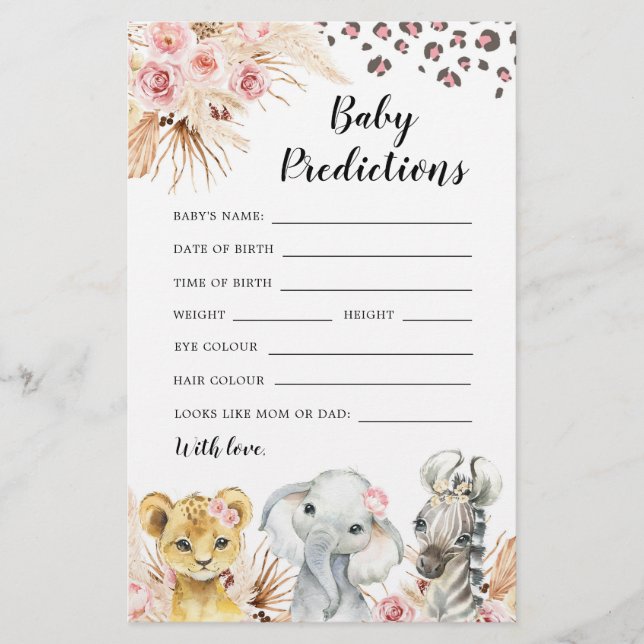 Papier Pink Boho Safari Party Animaux prédiction bébé (Devant)