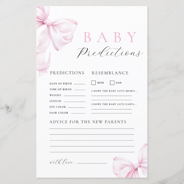 Papier Pink Bow Baby Shower Prediction & Advice Game (Devant)