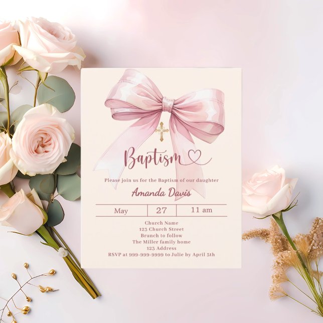 Papier Pink bow cream girl elegant Baptism invitation (Créateur téléchargé)