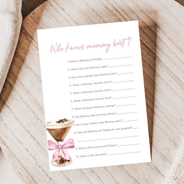 Papier Pink Bow Espresso Martini Shower Who Knows Game (Espresso Baby Shower Game)