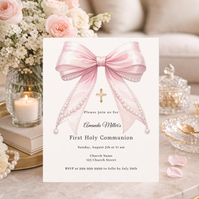 Papier Pink bow ivory pearls First Communion invitation (Créateur téléchargé)