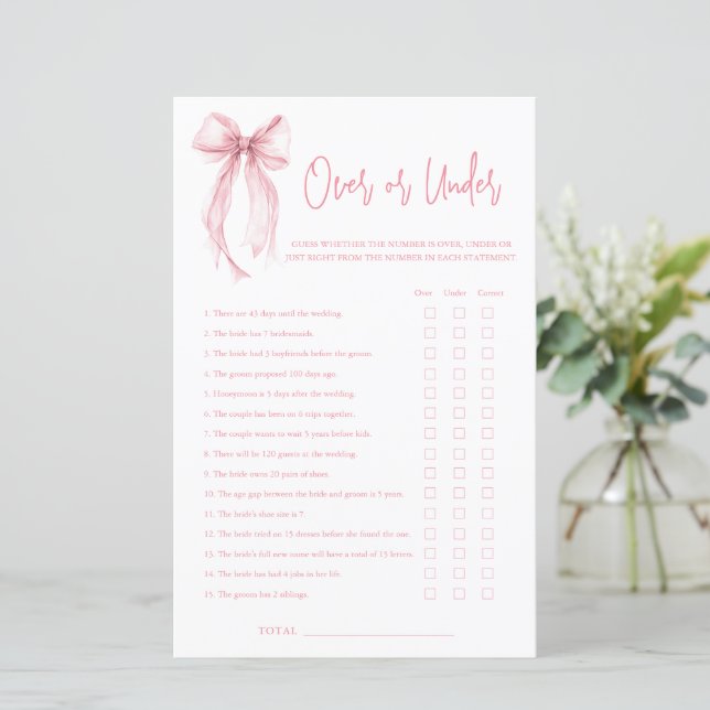 Papier Pink Bow Over Or Under Bridal Shower Game (Debout devant)