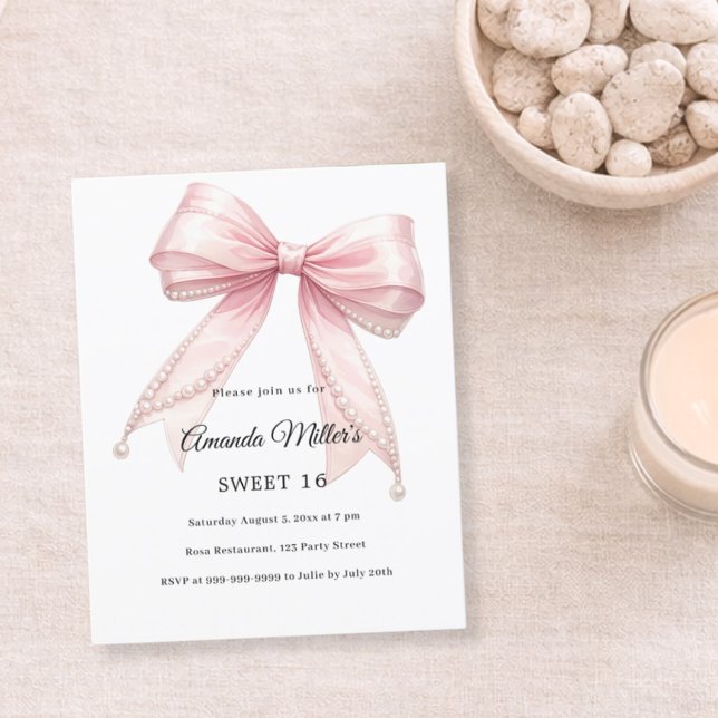 Papier Pink bow pearls elegant Sweet 16 invitation (Créateur téléchargé)