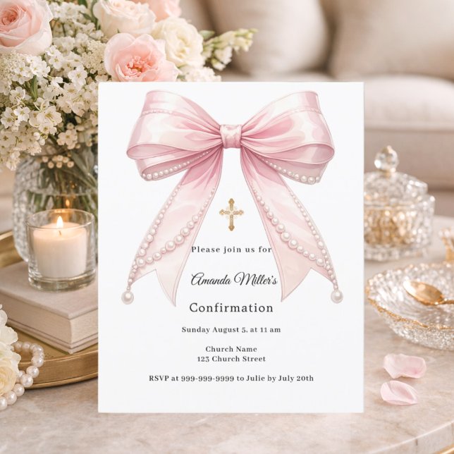 Papier Pink bow pearls girl Confirmation invitation (Créateur téléchargé)