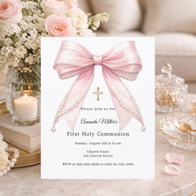 Papier Pink bow pearls girl First Communion invitation (Créateur téléchargé)