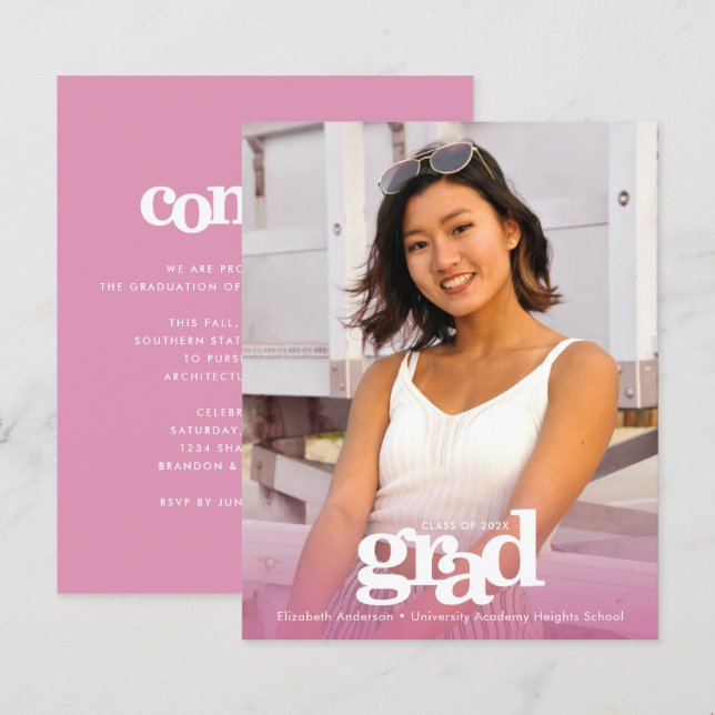 Papier Pink budget graduation photo invitation moderne (Devant / Derrière)