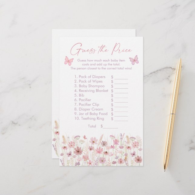 Papier Pink Butterfly Wildflowers Guess the Price Game (Devant/Arrière en situation)