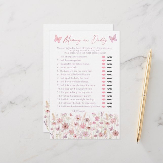 Papier Pink Butterfly Wildflowers Guess Who Said It Game (Devant/Arrière en situation)
