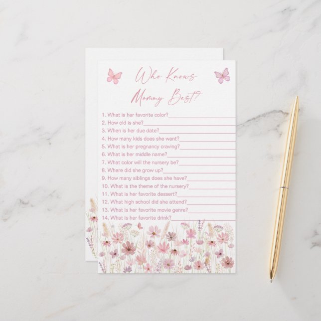 Papier Pink Butterfly Wildflowers Who Knows Mommy Game (Devant/Arrière en situation)