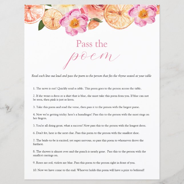 Papier Pink Citrus Pass Poem Fête des mariées jeu (Devant)