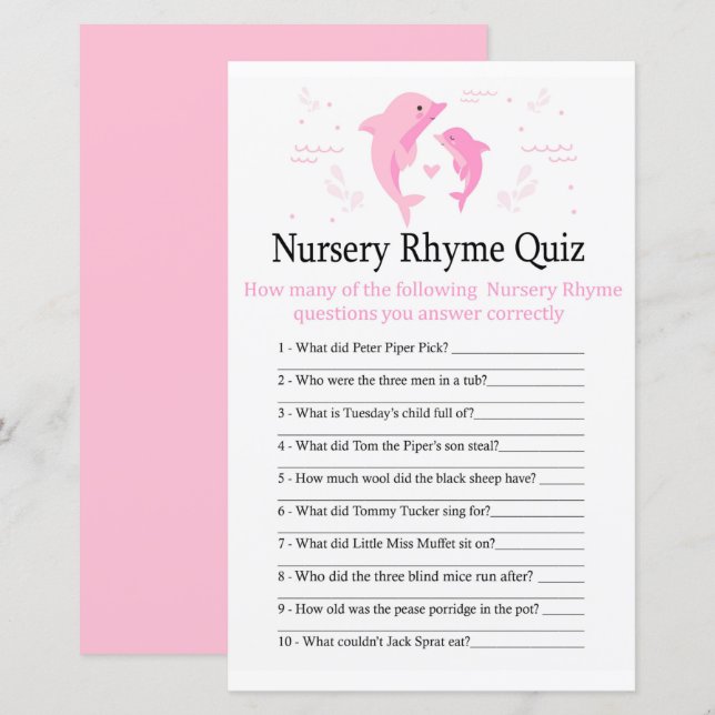 Papier Pink Dolphin Nursery Rhyme Quiz jeu de baby shower (Devant / Derrière)