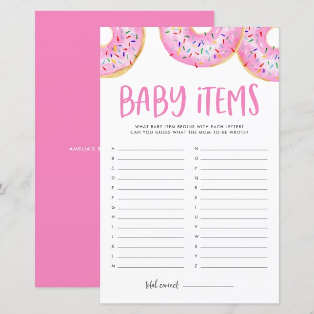 Papier Pink Donuts Devine Le Baby shower Baby Items Jeu (Devant / Derrière)