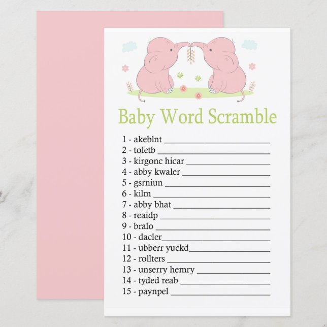 Papier Pink Elephant Baby jeu de mots scramble (Devant / Derrière)