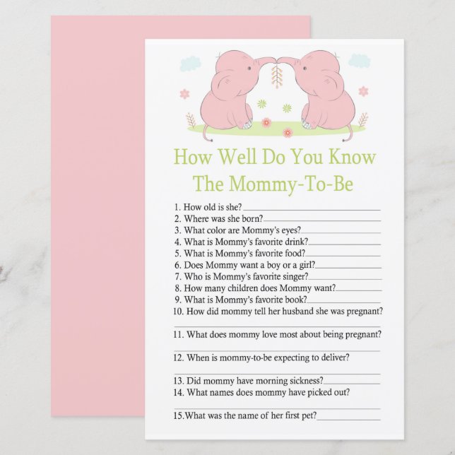 Papier Pink Elephant Comment bien connaissez-vous le bébé (Devant / Derrière)