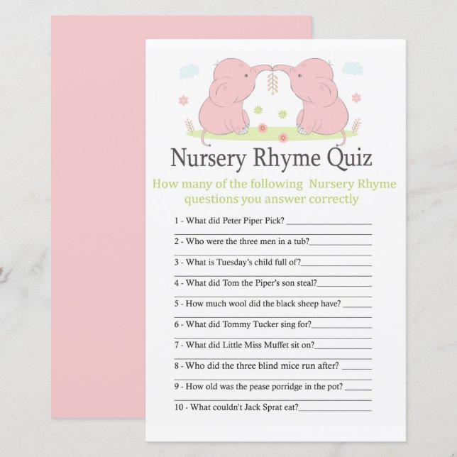 Papier Pink Elephant Nursery Rhyme Quiz jeu de baby showe (Devant / Derrière)