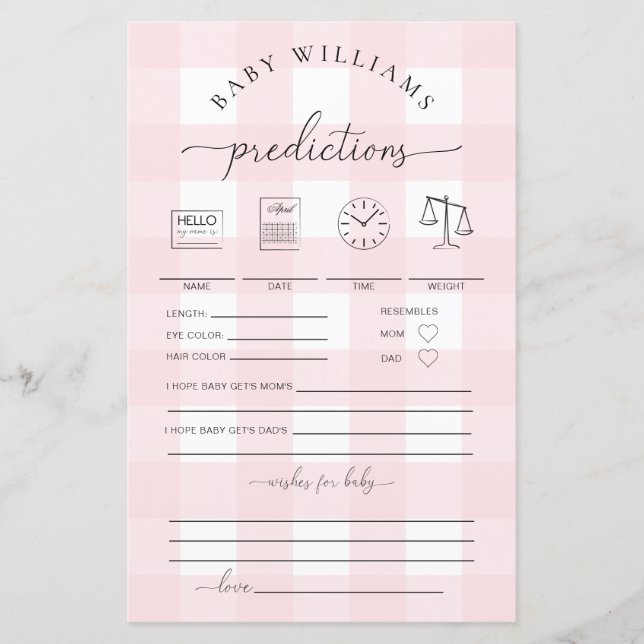 Papier Pink En vichy Baby Predictions Jeu (Devant)