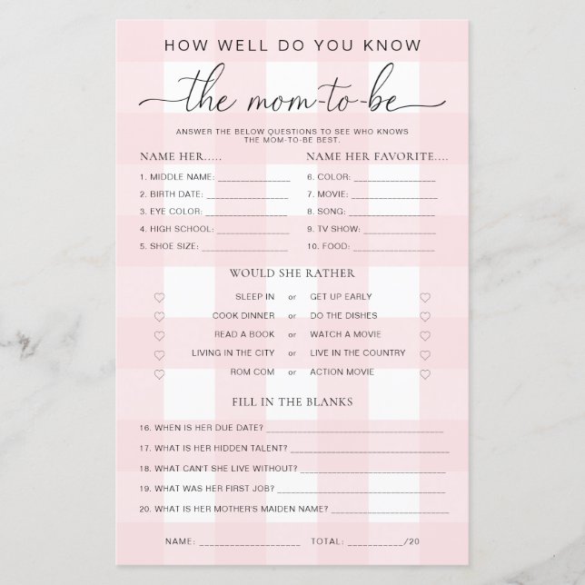 Papier Pink En vichy Baby shower Connaissez le jeu Maman- (Devant)