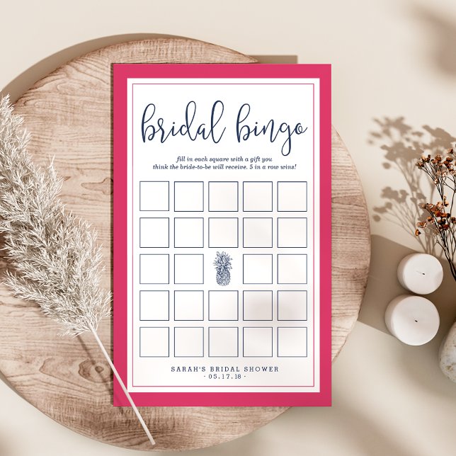 Papier Pink et Navy Fête des mariées ananas Jeu de Bingo (Créateur téléchargé)