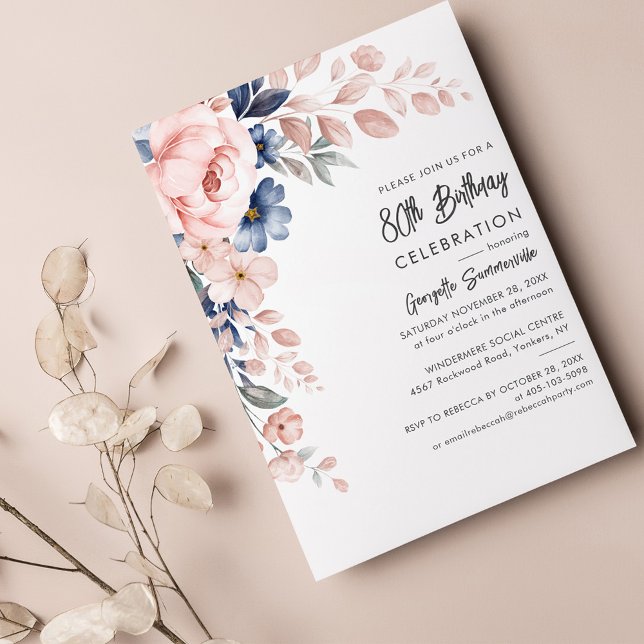 Papier Pink Floral 80th Birthday Party Invitation (Créateur téléchargé)