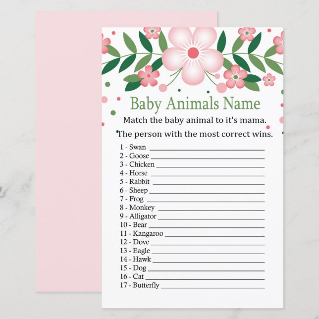 Papier Pink Floral Baby Animaux Nom Jeu (Devant / Derrière)
