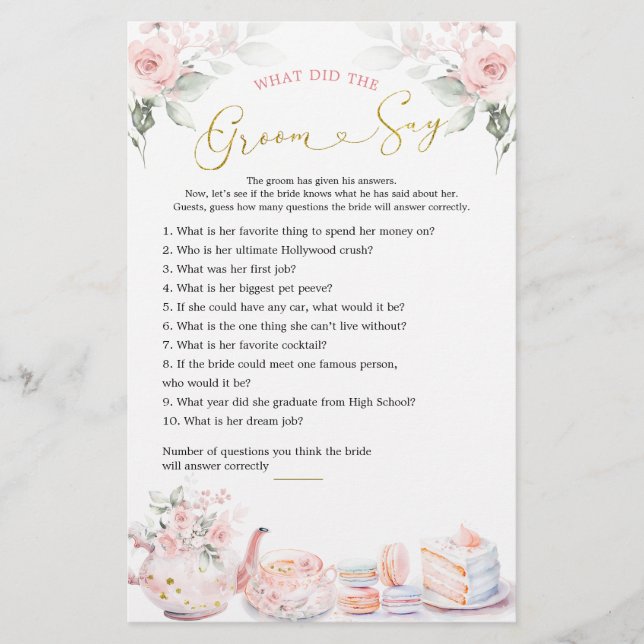 Papier Pink Floral Fête des mariées Tea Party Groom Dites (Devant)