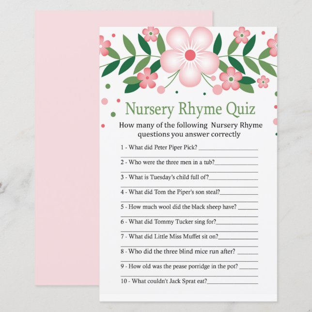 Papier Pink Floral Nursery Rhyme jeu de baby shower (Devant / Derrière)