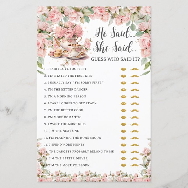 Papier Pink Floral Tea Party He Said She Said Bridal Game (Devant)