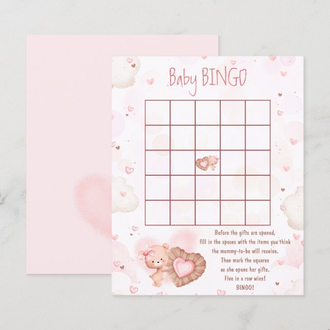 Papier Pink Heart Bingo Girl Baby shower Jeu (Devant / Derrière)
