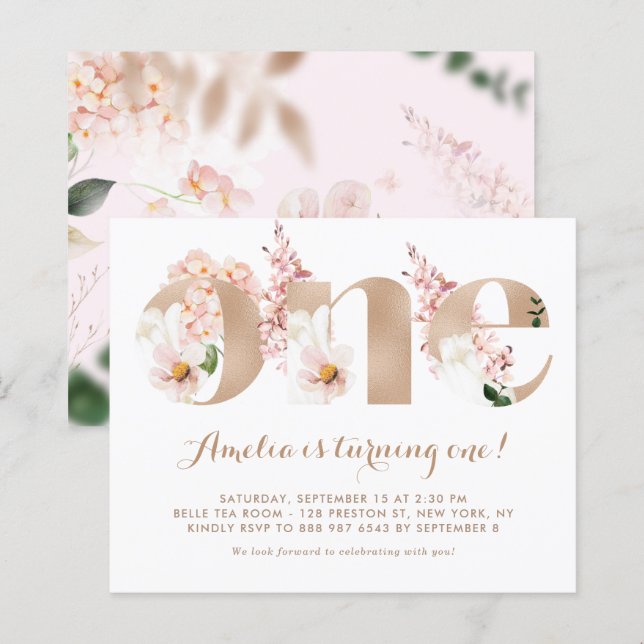 Papier Pink Hydrangea Rose Gold First Birthday Invitation (Devant / Derrière)