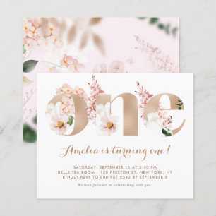 Papier Pink Hydrangea Rose Gold First Birthday Invitation