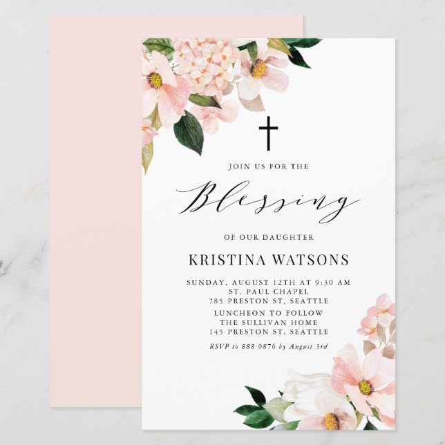 Papier Pink Magnolia et Hydrangea Baby Blessing Invitatio (Devant / Derrière)