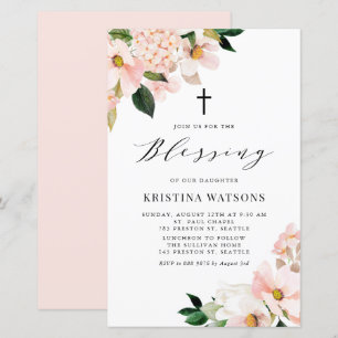 Papier Pink Magnolia et Hydrangea Baby Blessing Invitatio