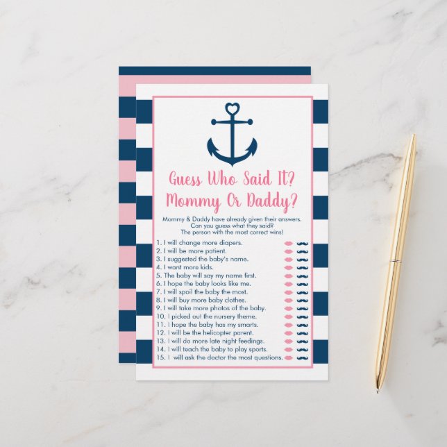 Papier Pink Navy Ancre Devine Qui A Dit Qu'Il Douche Jeu (Devant/Arrière en situation)