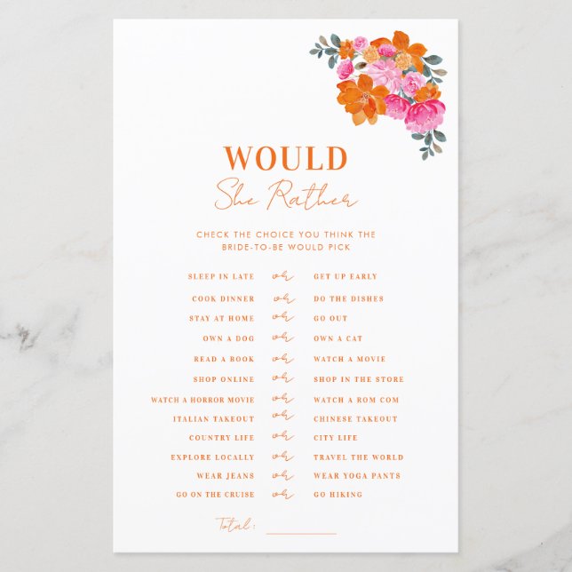 Papier Pink Orange Baby shower Voudrait-Elle Plutôt Jouer (Devant)