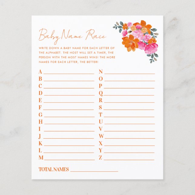 Papier Pink Orange Floral Baby Name Race Baby shower Jeu (Devant)