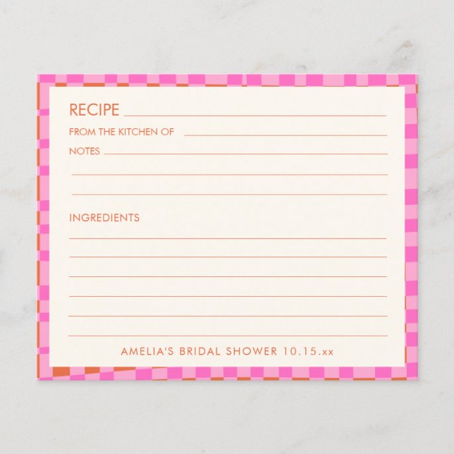 Papier Pink Orange Personalized Bridal Shower Recipe Card (Devant)