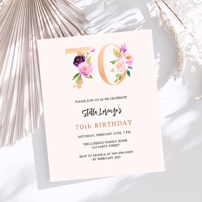 Papier Pink pêche floral 70e anniversaire invitation budg (Créateur téléchargé)
