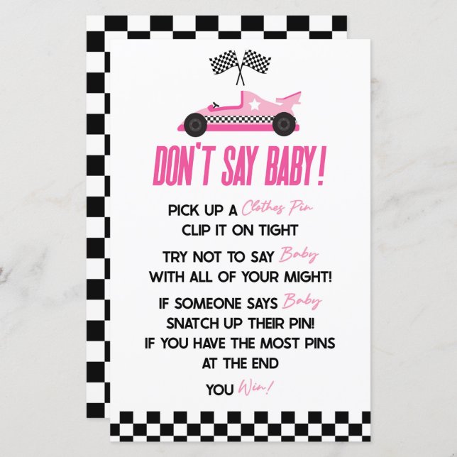 Papier Pink Race Car ne pas dire Baby shower jeu (Devant / Derrière)
