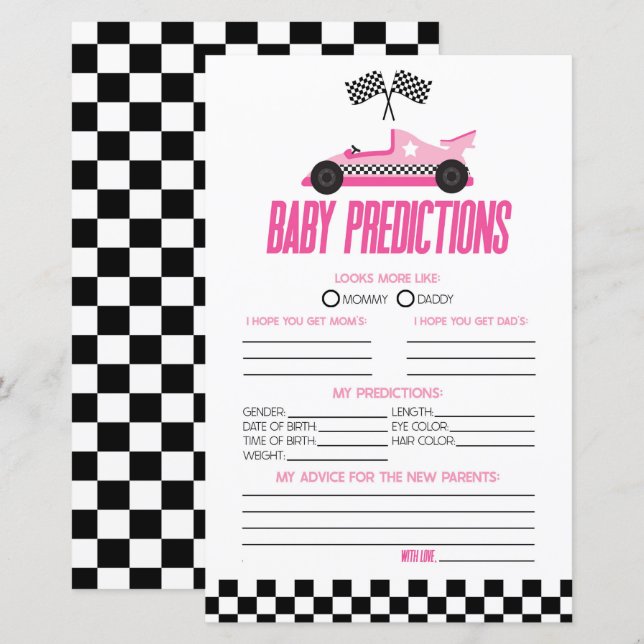 Papier Pink Race Voiture Baby shower Prédictions Jeu (Devant / Derrière)