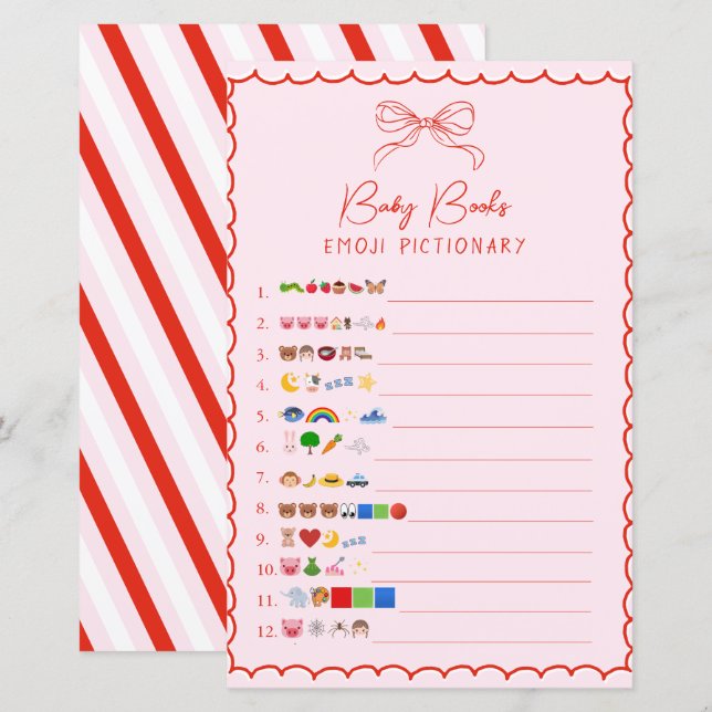 Papier Pink & Red Bow Baby Books Emoji Pictionary Game (Devant / Derrière)