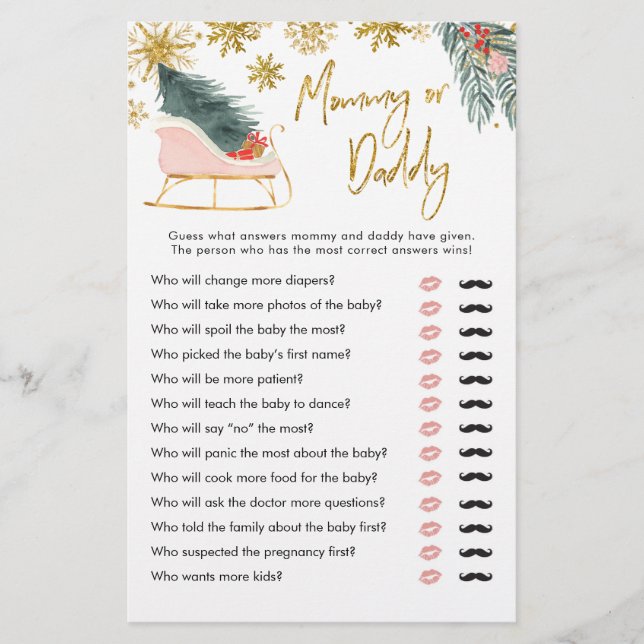 Papier Pink Sleigh Baby shower d'hiver maman ou papa (Devant)