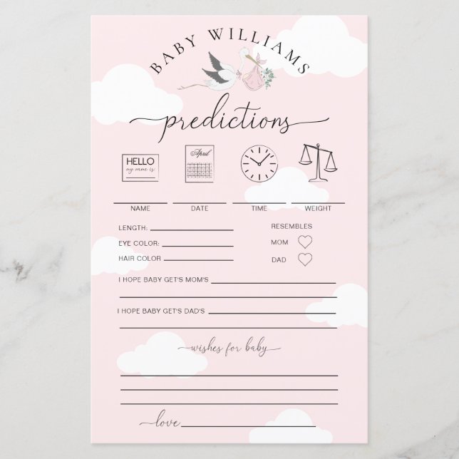 Papier Pink Stork Baby Predictions Jeu (Devant)