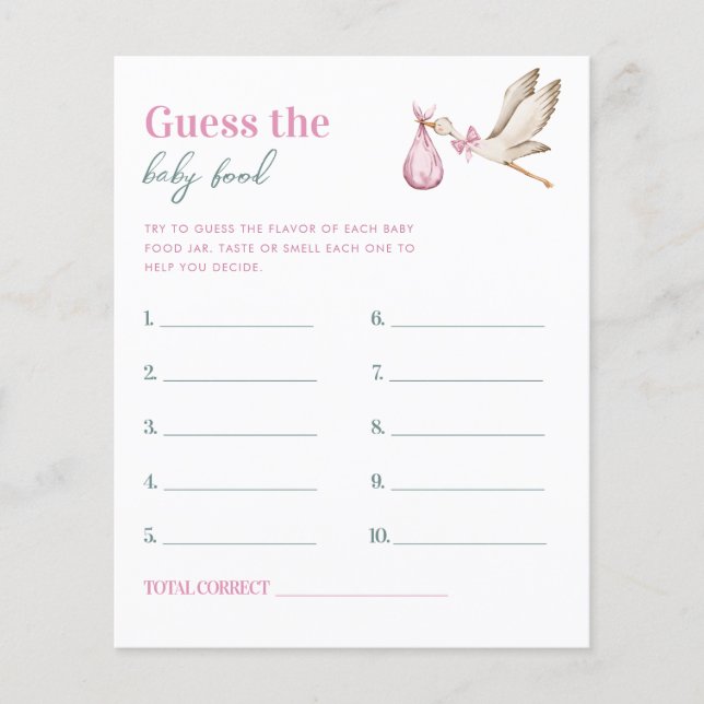 Papier Pink Stork Guess the Baby Food Baby shower Game (Devant)