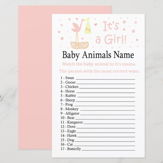 Papier Pink Stork nid Bébé Animaux Nom Jeu (Devant / Derrière)