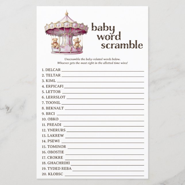 Papier Pink Teddy Bear Baby shower Word Scramble Jeu (Devant)