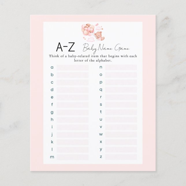 Papier Pink Teddy Bear One Baby Name Shower Jeu (Devant)