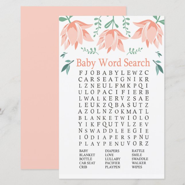 Papier Pink Tulip Baby shower Mot de recherche Jeu (Devant / Derrière)