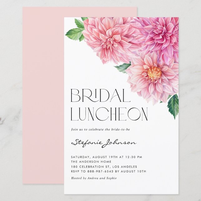 Papier Pink Watercolor Dahlia Bridal Luncheon Invitation (Devant / Derrière)