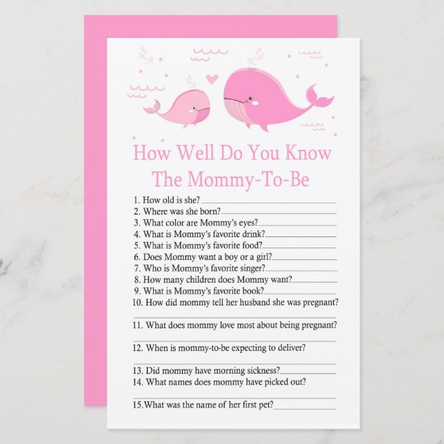 Papier Pink Whale Comme vous connaissez bien le jeu de ba (Devant / Derrière)