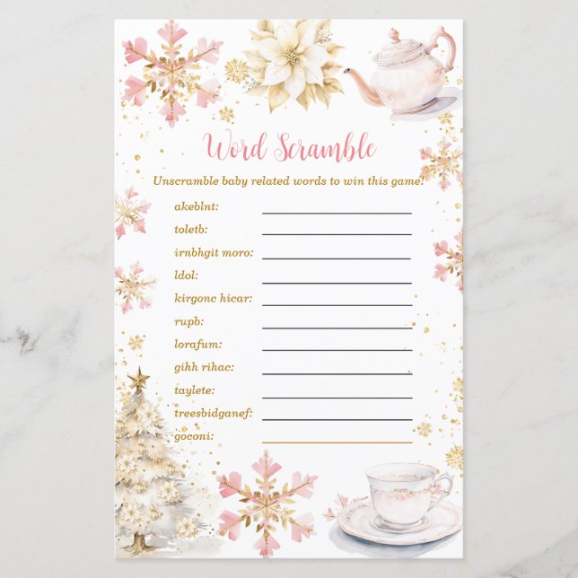 Papier Pink Winter Tea Party Baby Shower Word Scramble (Devant)